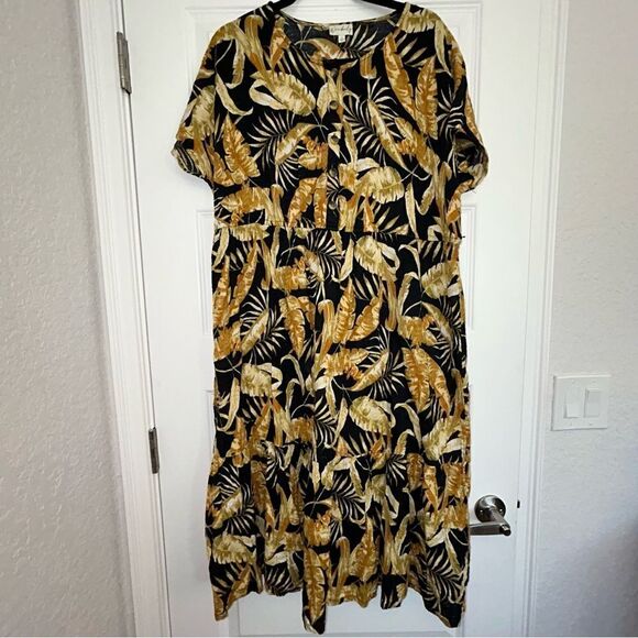Wonderly Leaf Print 1/2 Button Front Ruffle Midi Dress - Picture 1 of 7